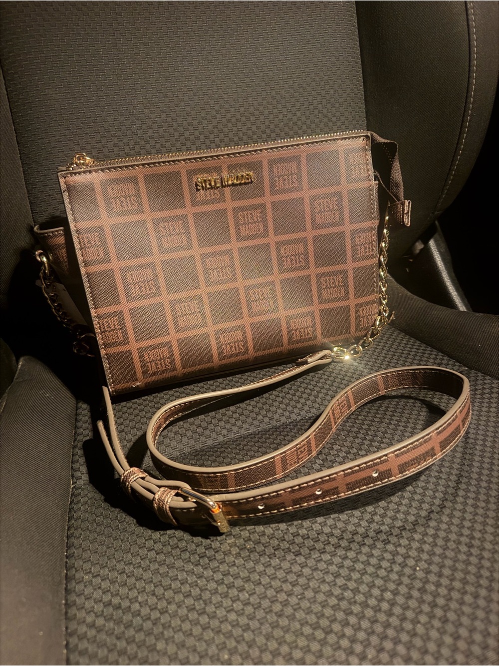 Steve Madden Brown Monogram Belt Bag with Gold Hardware